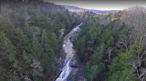 Aerial view of a winding river flowing through a lush, green forested landscape with distant hills.