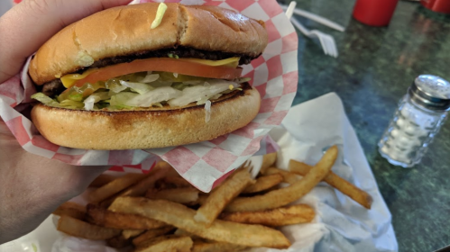 A hand holding a burger with lettuce and tomato, next to a pile of golden fries on a checkered paper.