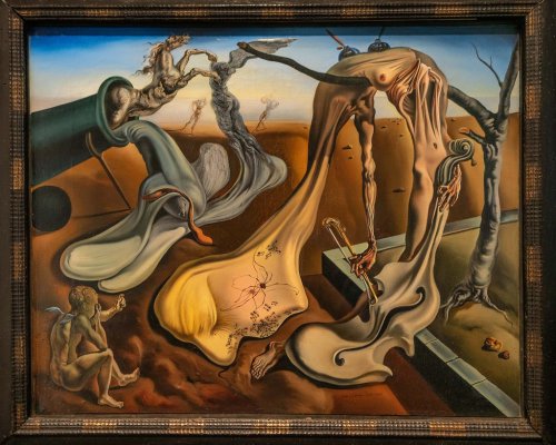 Surreal landscape featuring distorted figures, flowing forms, and a dreamlike atmosphere, typical of Salvador Dalí's style.