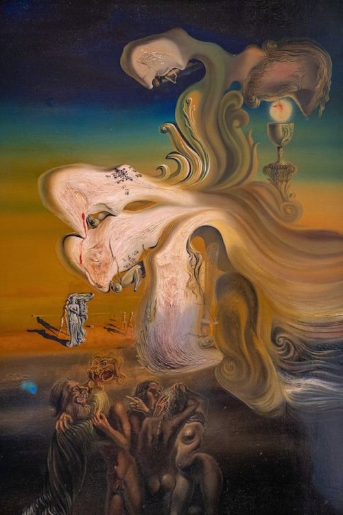 Surreal painting featuring distorted figures and dreamlike landscapes in vibrant colors, evoking a sense of mystery.
