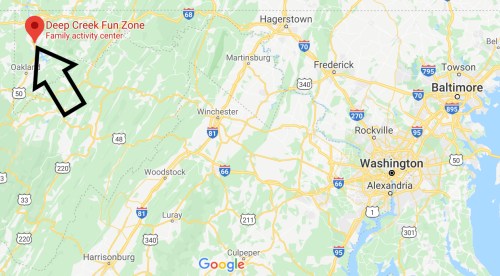 Map showing the location of Deep Creek Fun Zone, a family activity center in western Maryland.