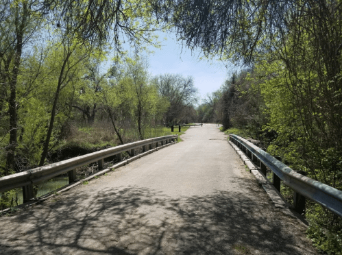 A peaceful pathway lined with trees, leading to a bridge over a small creek on a sunny day.
