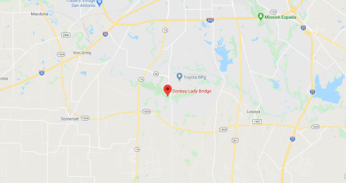 Map showing the location of Donkey Lady Bridge near San Antonio, Texas, with nearby roads and landmarks.