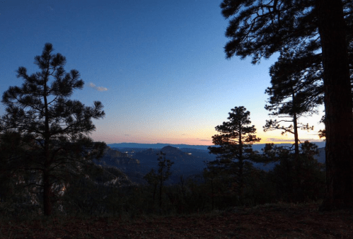 A serene landscape at dusk, featuring silhouetted trees against a colorful sunset over distant mountains.