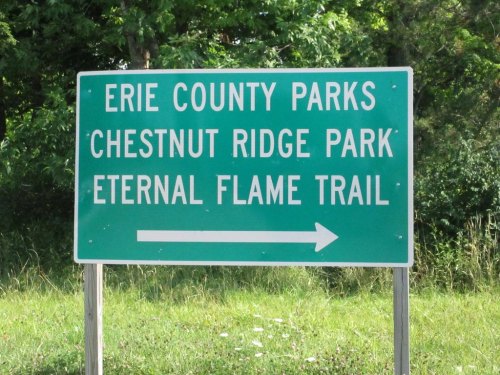 Sign for Chestnut Ridge Park and Eternal Flame Trail in Erie County, with an arrow pointing to the right.