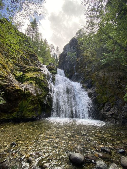 A serene waterfall cascades over rocky terrain, surrounded by lush greenery and a clear pool of water below.