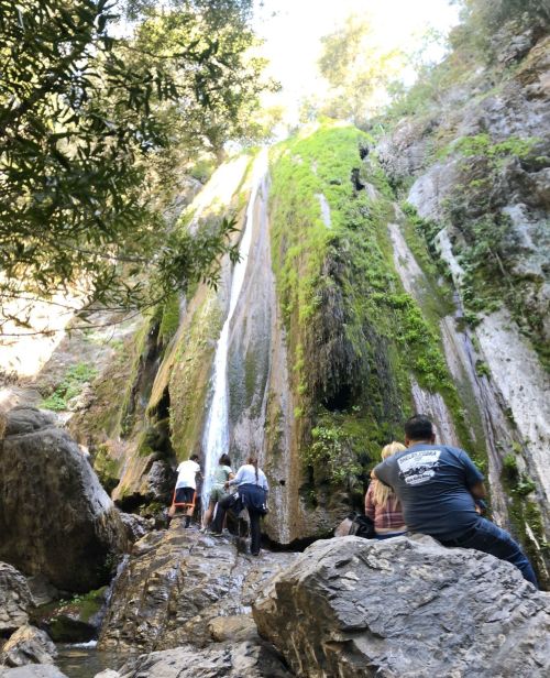 A group of people stands near a moss-covered rock face with a waterfall cascading down in a natural setting.