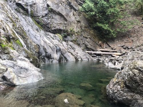 A serene natural pool surrounded by rocky cliffs and lush greenery, with a small waterfall in the background.