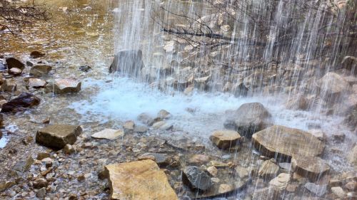 A serene waterfall cascading over rocks into a clear stream, surrounded by nature.
