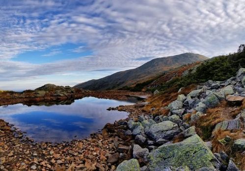 A serene landscape featuring a calm pond reflecting the sky, surrounded by rocky terrain and distant mountains.