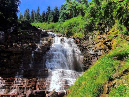 A cascading waterfall flows down rocky cliffs, surrounded by lush greenery and tall trees under a clear blue sky.