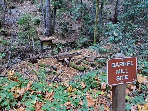 A wooden sign reading "Barrel Mill Site" near old machinery and logs in a forested area with fallen leaves.