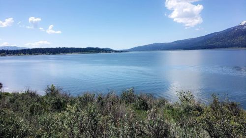 A serene lake surrounded by mountains and greenery under a clear blue sky with a few clouds.
