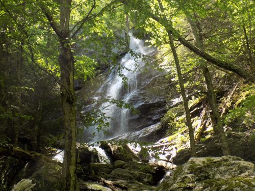 A serene waterfall cascades down rocky terrain, surrounded by lush green trees and sunlight filtering through the leaves.