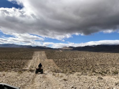 A person rides an ATV on a dirt path through a desert landscape under a cloudy sky. Mountains are visible in the distance.