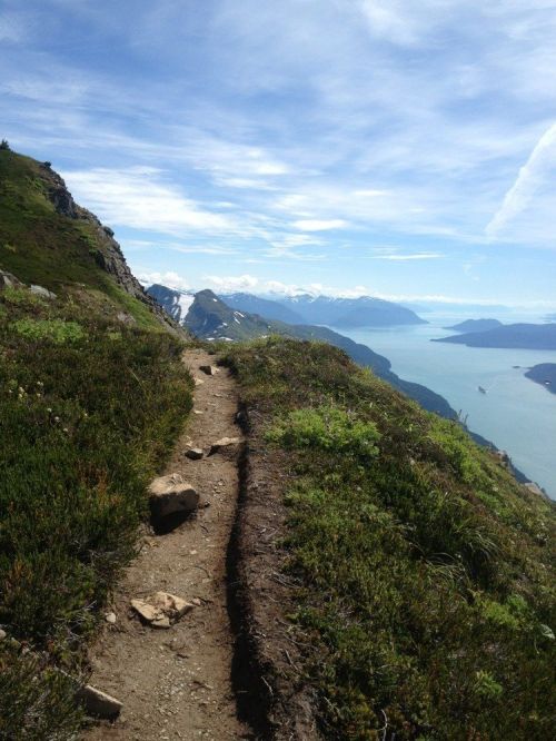 A narrow trail winds along a mountain ridge, with lush greenery and a panoramic view of distant mountains and water.