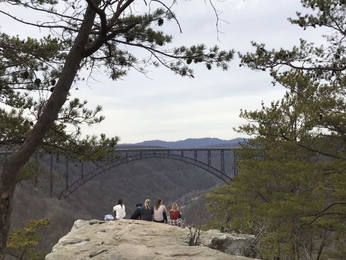A group of people sits on a rocky ledge, overlooking a valley and a large bridge in the distance, surrounded by trees.