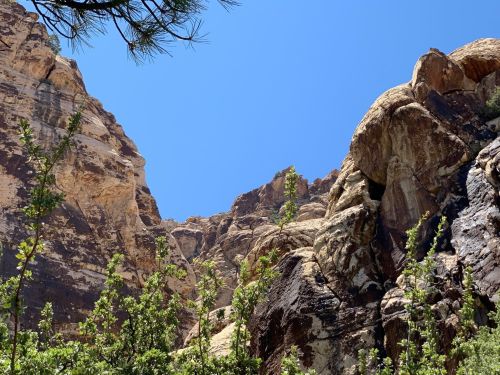 A rocky landscape with towering cliffs and sparse greenery under a clear blue sky.