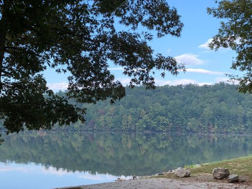 A serene lake surrounded by trees, reflecting the blue sky and green hills in calm water.