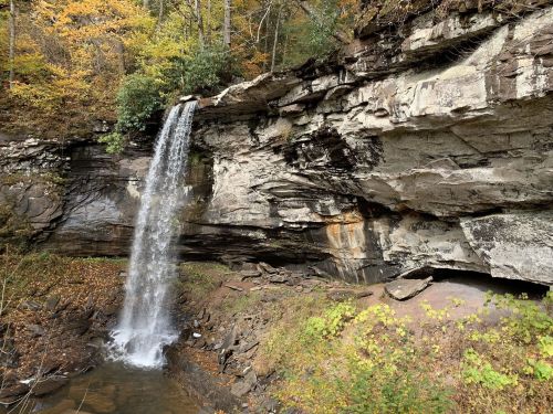 A serene waterfall cascading over rocky cliffs, surrounded by autumn foliage and a tranquil stream below.
