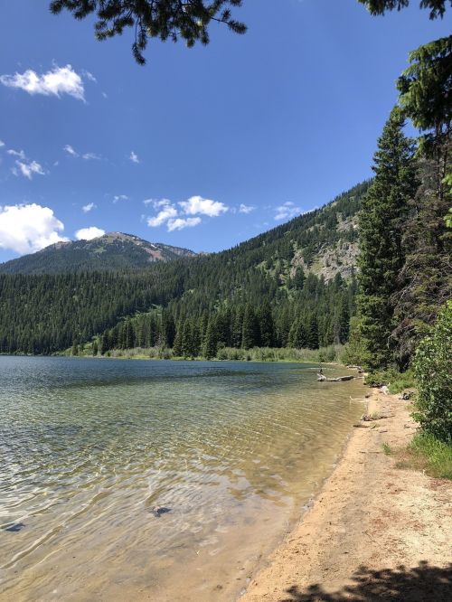 A serene lake surrounded by lush green trees and mountains under a clear blue sky.