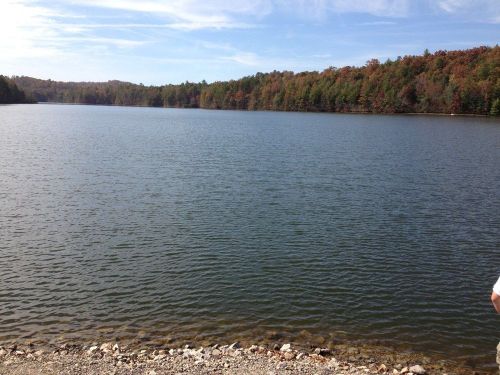 A serene lake surrounded by trees with autumn foliage under a clear blue sky.