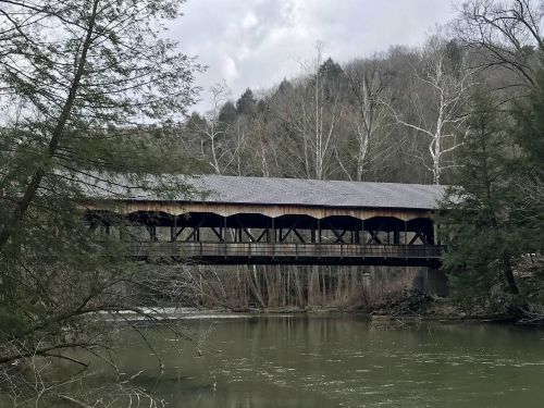 A wooden covered bridge spans a calm river, surrounded by trees and a cloudy sky in a serene landscape.
