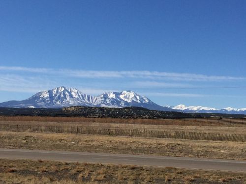 Snow-capped mountains under a clear blue sky, with a grassy foreground and a distant fence line.