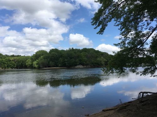 A serene river scene with lush green trees, a cloudy blue sky, and reflections on the water's surface.