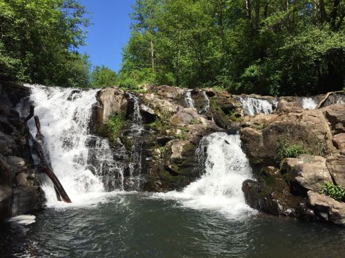 A serene waterfall cascades over rocky terrain, surrounded by lush green trees under a clear blue sky.