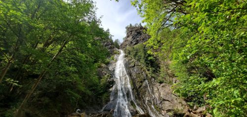 A tall waterfall cascades down rocky cliffs, surrounded by lush green trees and a clear blue sky.