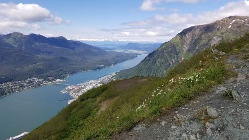 A scenic view from a mountain overlooking a bay, with lush greenery and distant snow-capped mountains under a blue sky.