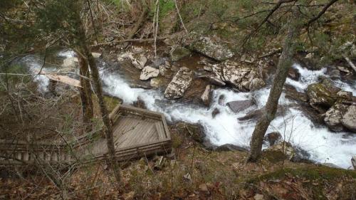 A wooden platform overlooks a rushing stream surrounded by rocks and trees in a natural setting.