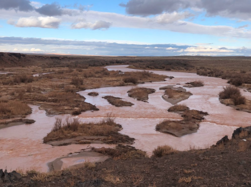 A winding river flows through a barren landscape with sparse vegetation under a cloudy sky.