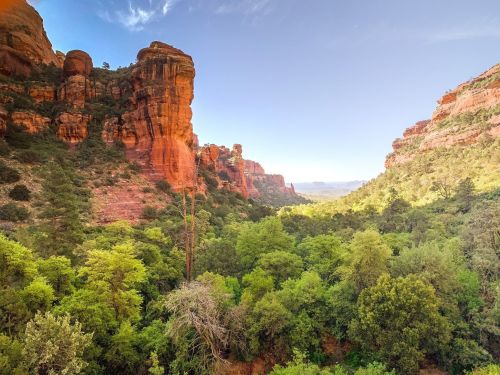 A scenic view of red rock formations surrounded by lush green trees and a clear blue sky in a canyon landscape.