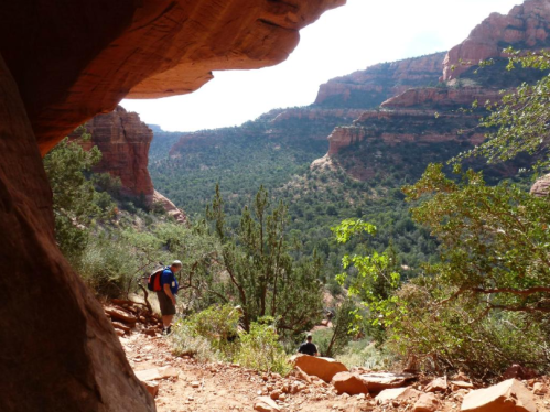 A hiker descends a rocky path surrounded by lush greenery and red rock formations in a canyon landscape.