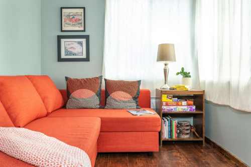 Cozy living room with an orange sofa, decorative pillows, a lamp, and a bookshelf by a window with sheer curtains.