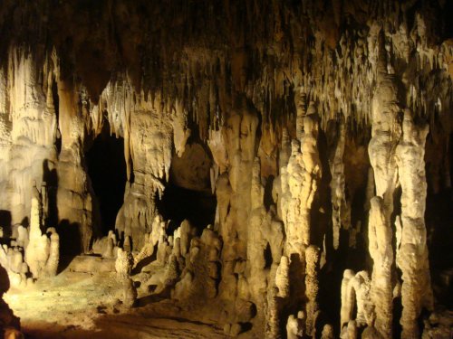 A dimly lit cave interior featuring tall, stalagmite formations and rocky textures.