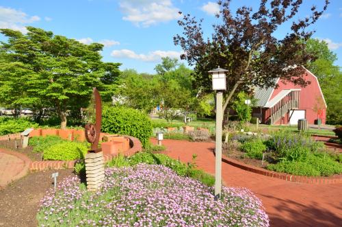 A vibrant garden with blooming flowers, greenery, and a red barn in the background under a blue sky with fluffy clouds.