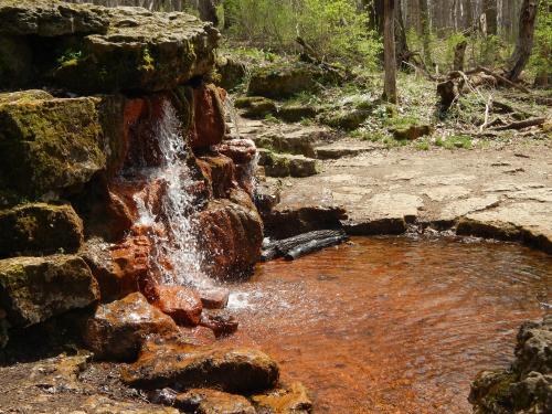A small waterfall cascades over rocks into a shallow, reddish pool surrounded by greenery in a forested area.