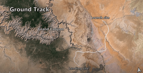 Map showing the ground track of a flight, with marked launch site and landing site near the Grand Canyon.