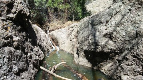 A narrow stream flows between rocky cliffs, with logs and greenery surrounding the water in a natural setting.