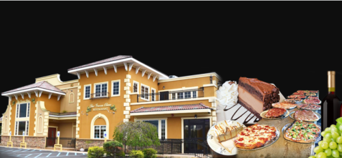 A restaurant exterior with a variety of dishes, including pizza, desserts, and wine, displayed in front.