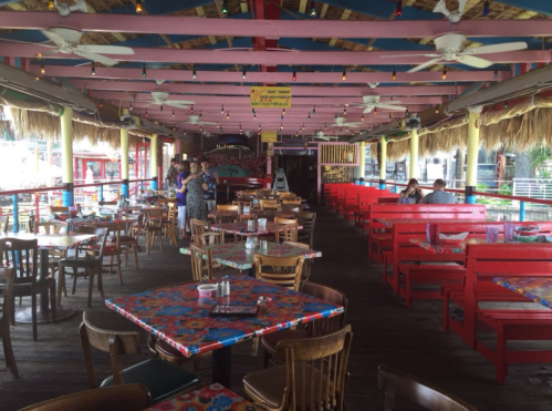 Colorful restaurant interior with wooden tables and chairs, tropical decor, and patrons enjoying the space.