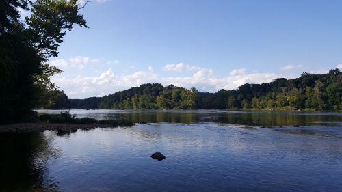 A serene river scene with calm water, lush green trees, and a clear blue sky dotted with clouds.