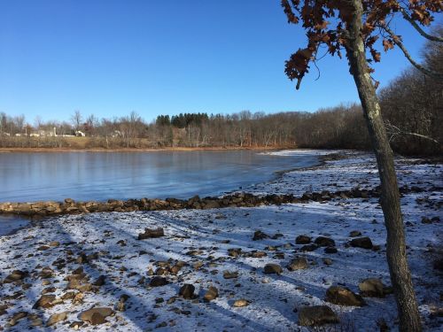 A serene winter landscape featuring a frozen lake, rocky shore, and bare trees under a clear blue sky.