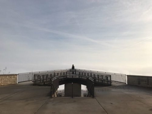 A person stands alone on a bridge, overlooking a serene landscape under a cloudy sky.