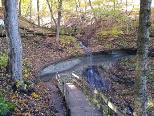 A wooden path winds through a forest with autumn leaves, leading to a small waterfall in a serene, natural setting.
