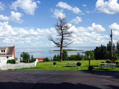 Scenic view of a lake with a distant island, surrounded by green grass, trees, and a blue sky filled with clouds.