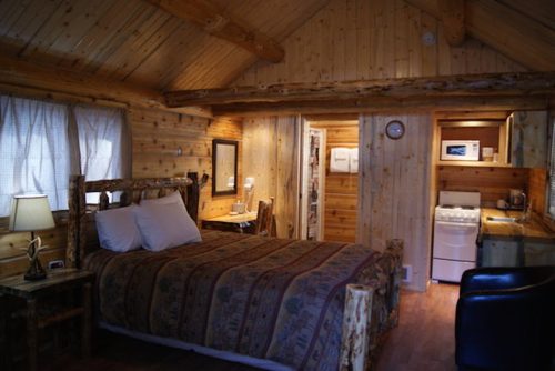 Cozy wooden cabin interior with a bed, kitchenette, and rustic decor, featuring warm lighting and natural wood finishes.
